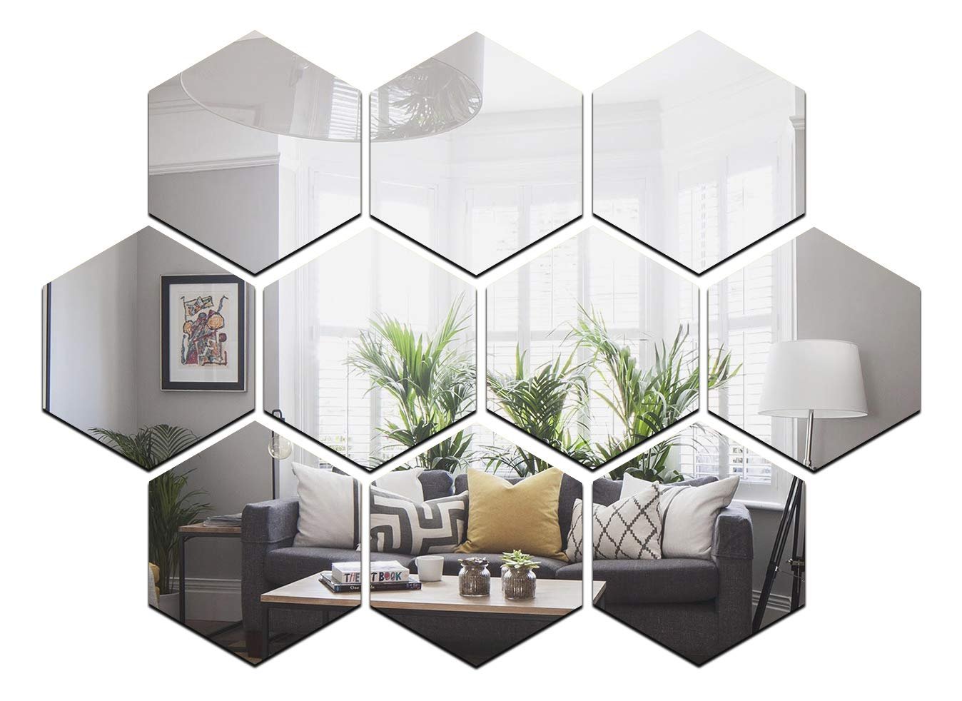 Home 10 Hexagon Silver 12x10cm Acrylic Mirror Wall Stickers