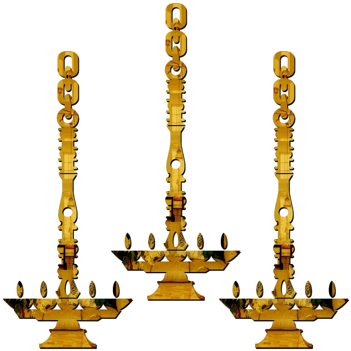 Home Acrylic 3 Hanging Diya 3D Mirror Wall Stickers Golden